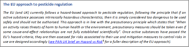 The EU approach to pesticide regulation 
The EU (and UK) currently follows a hazard-based approach to pesticide regulation, following the principle that if an active substance possesses intrinsically hazardous characteristics, then it is simply considered too dangerous to be used safely and should not be authorised. This approach is in line with the precautionary principle which states that When an activity raises threats of harm to human health or the environment, precautionary measures should be taken even if some cause-and-effect relationships are not fully established scientifically. Once active substances have passed the EUs hazard criteria, they are then assessed for risks associated to their use and mitigation measures to control risks in use are designed accordingly (see PAN UK brief on Hazard vs Risk6 for a fuller description of the EU approach).
